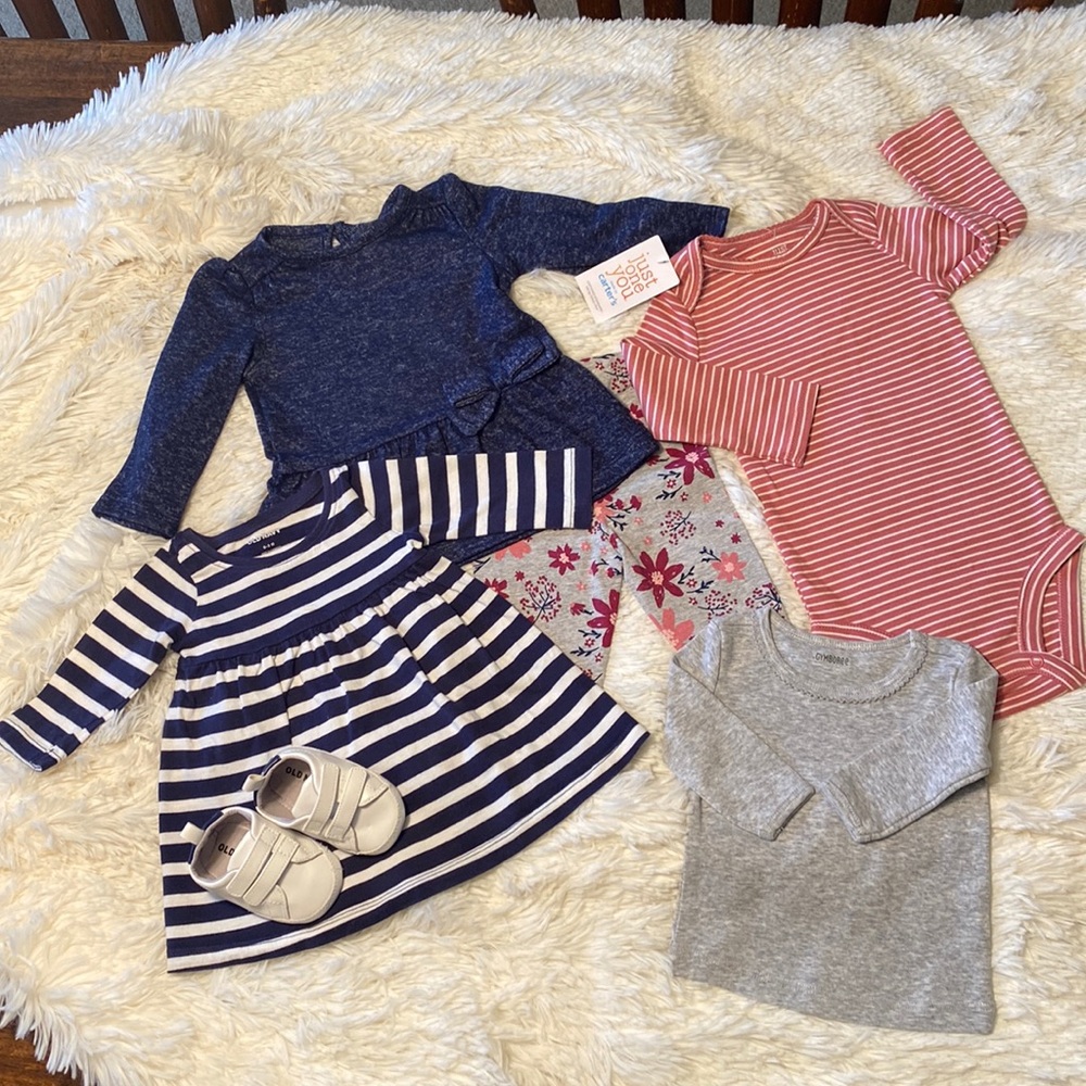 6 Month NWT Carters Set, 0-3 Month Striped Dress, 0-3 Month Gymboree Grey Top